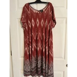 Derek Heart Plus‎ Red Paisley Chevron Swing Dress Short Sleeve Keyhole Back 2X